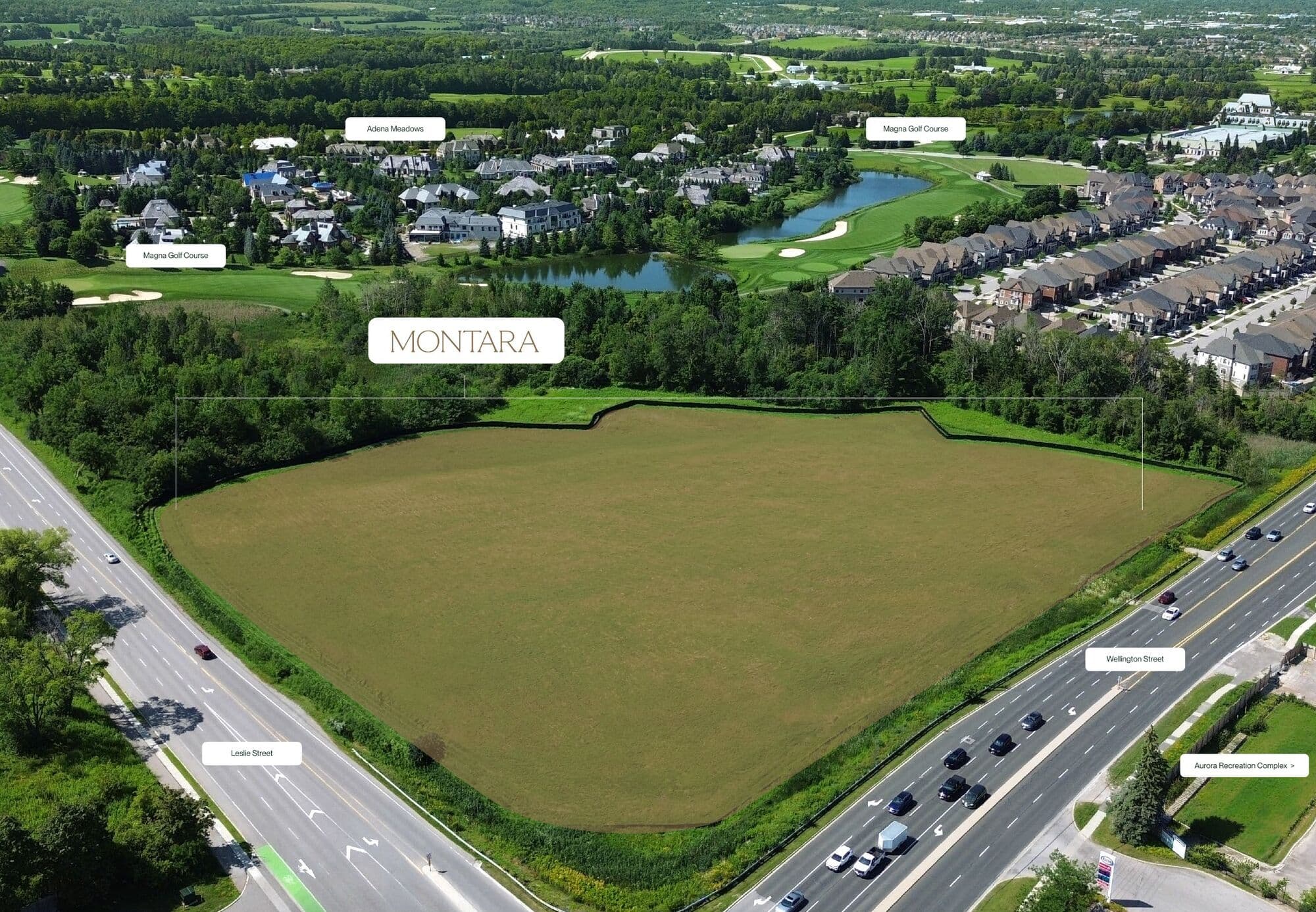 Aerial photo of the Montara lands at Leslie Street and Wellington Street East, with Magna Golf Course and Adena Meadows beyond