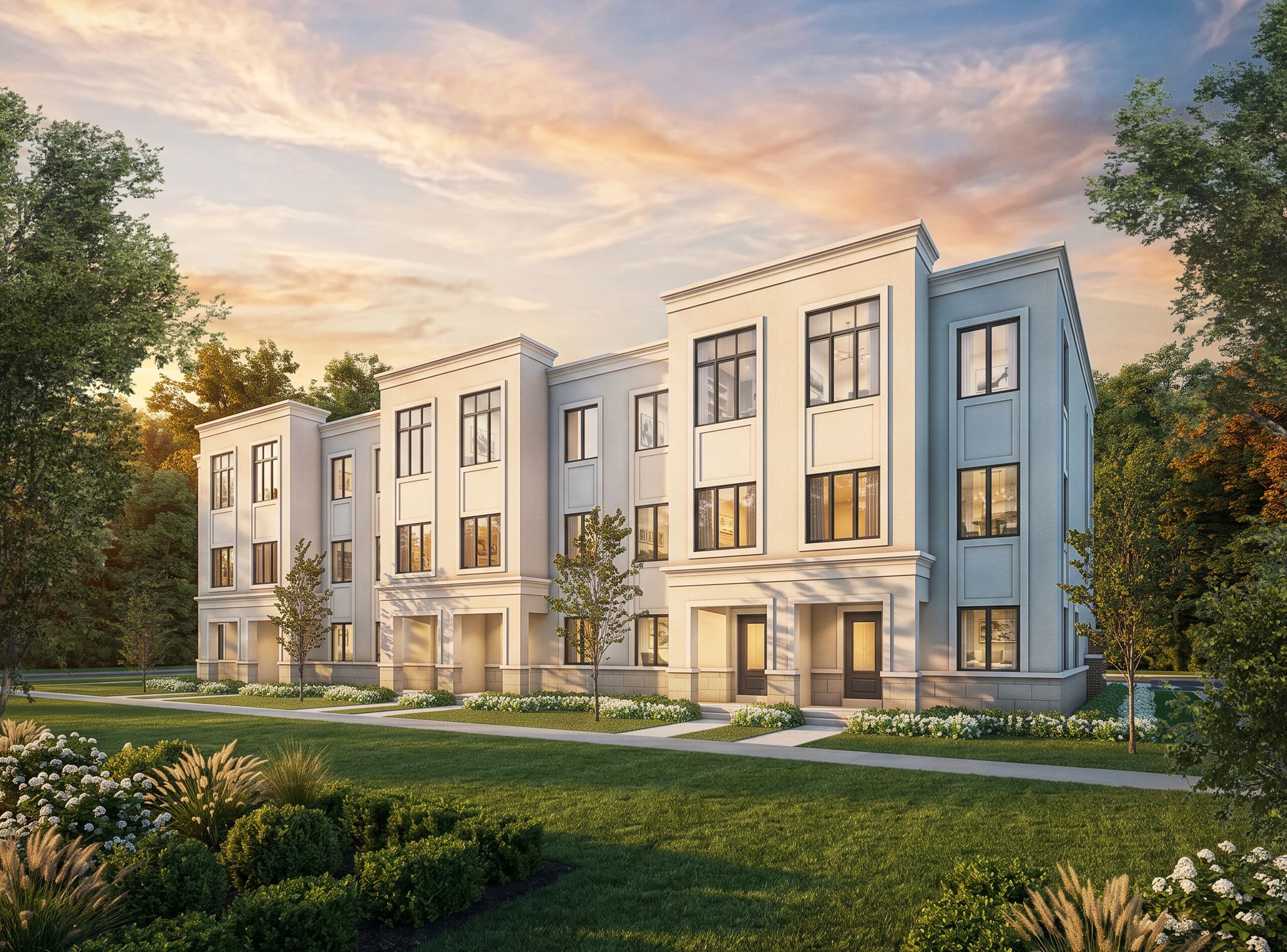 Streetscape rendering of Montara townhomes at dusk