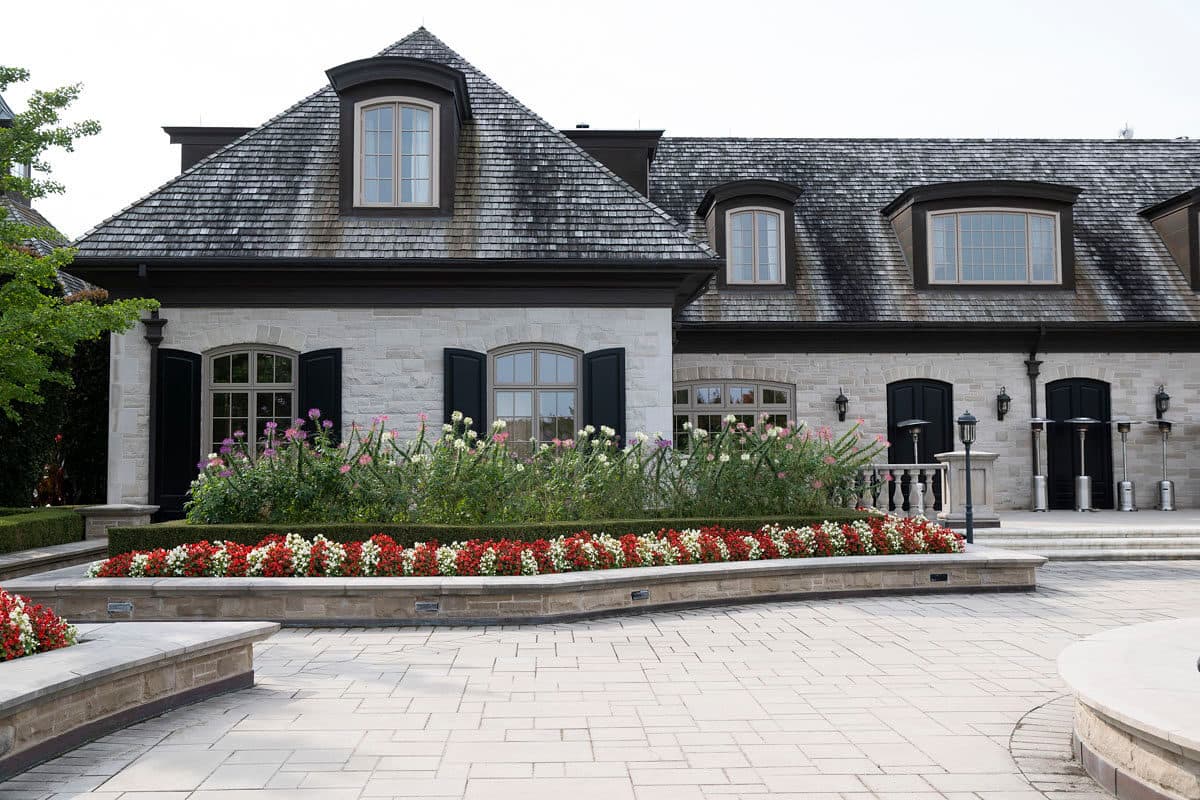 The rear courtyard of Magna Golf Club's clubhouse