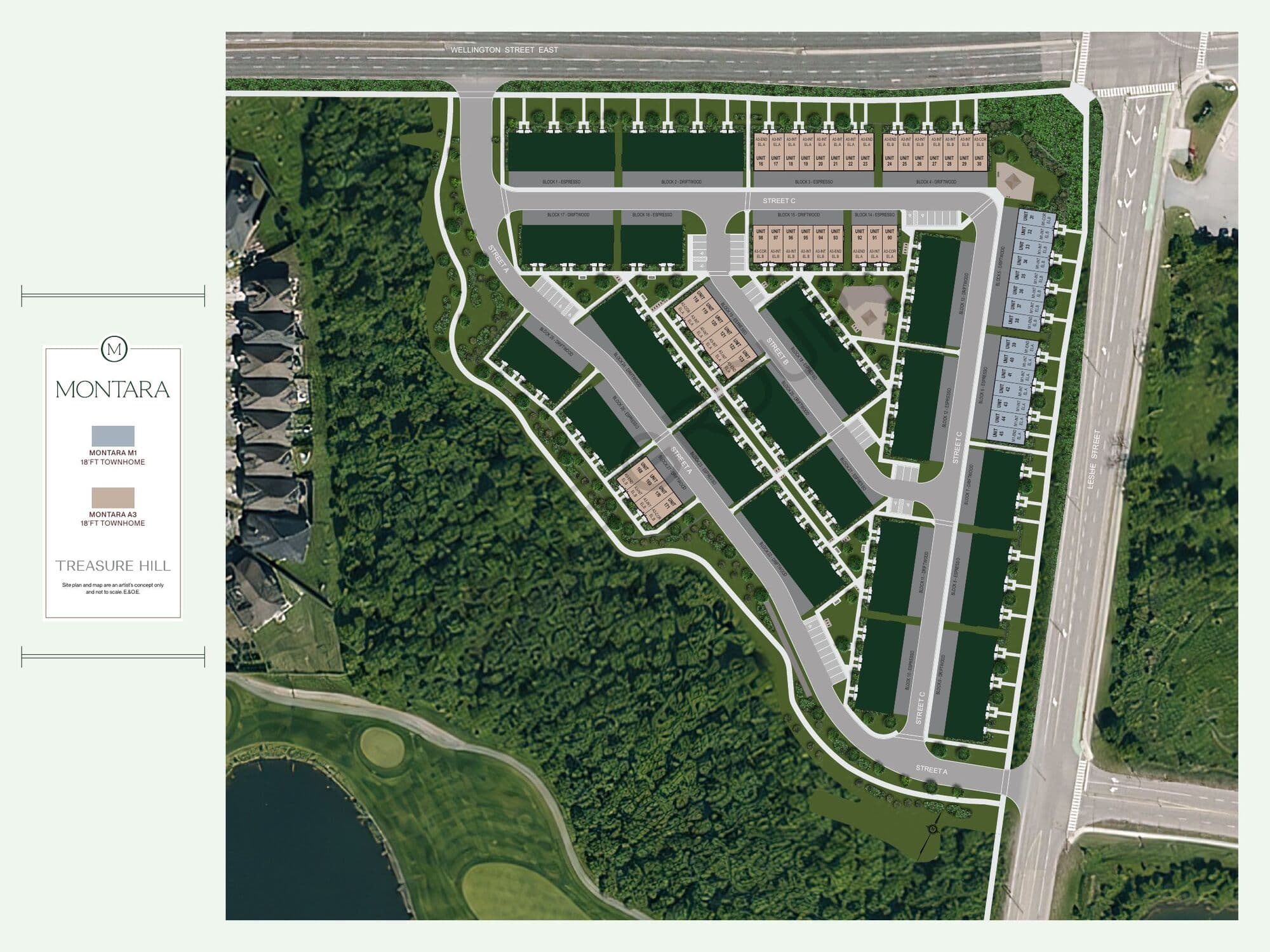 Montara site plan showing townhome blocks between Wellington Street East and Leslie Street